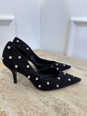 Camilla and Marc Black Suede Crystal Pointed Pumps, 38