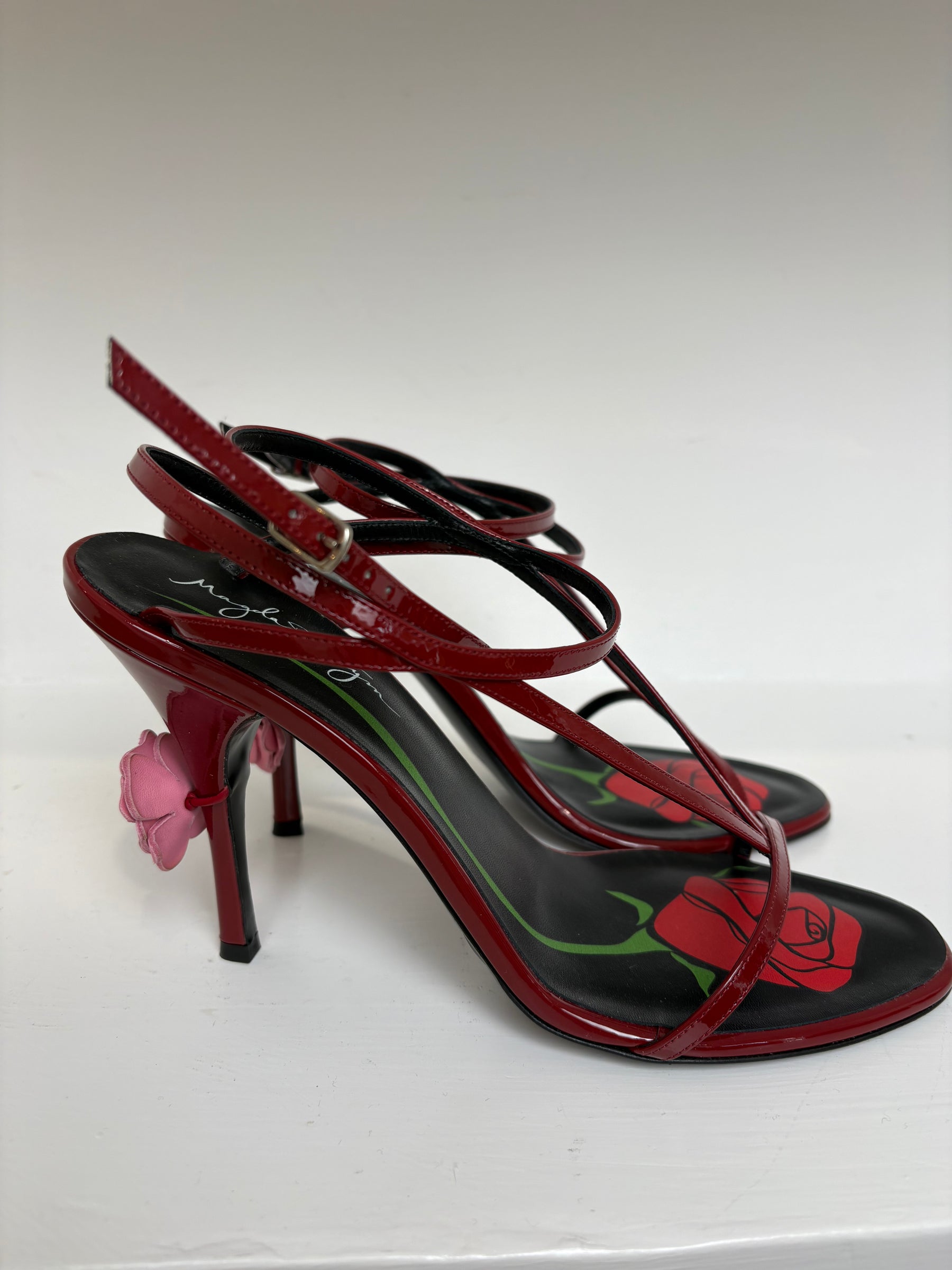 Magda Butrym Burgundy Leather Strappy Heeled Sandal with Pink Floral Applique, 41