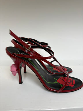 Magda Butrym Burgundy Leather Strappy Heeled Sandal with Pink Floral Applique, 41
