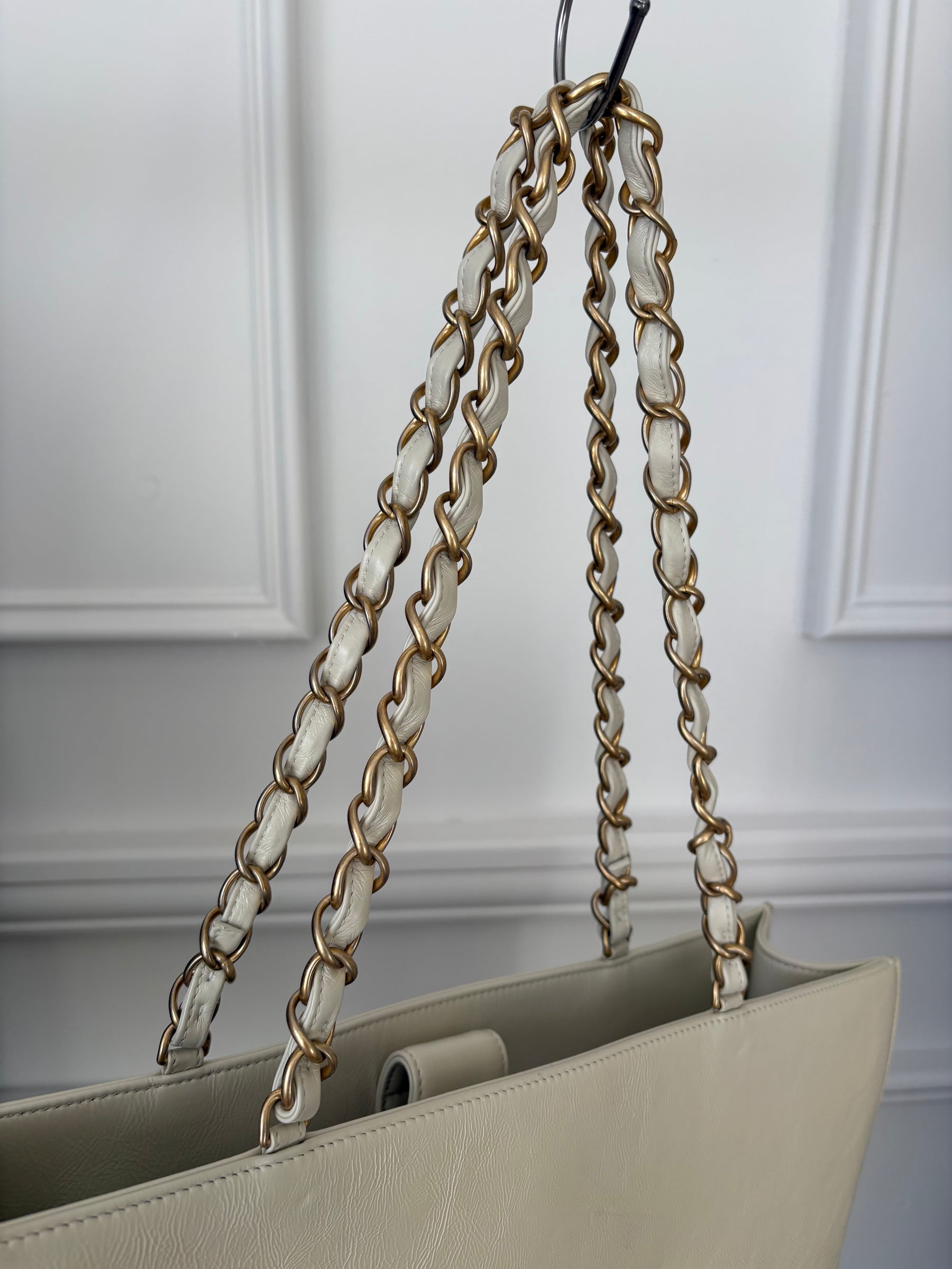 Chanel Cream Logo Shopper Chain Tote