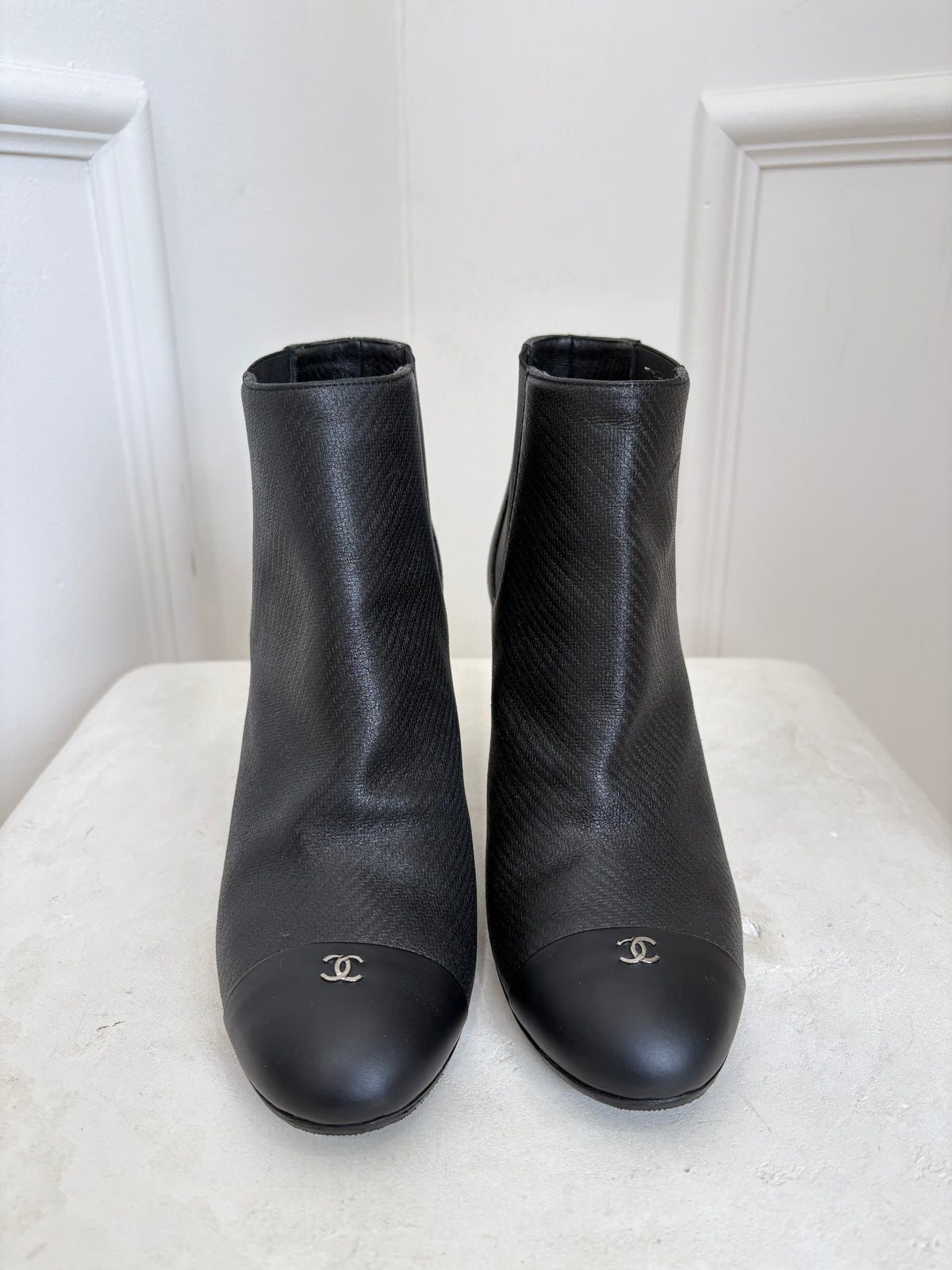 Chanel Black Leather CC Cap Toe Ankle Boots, 38