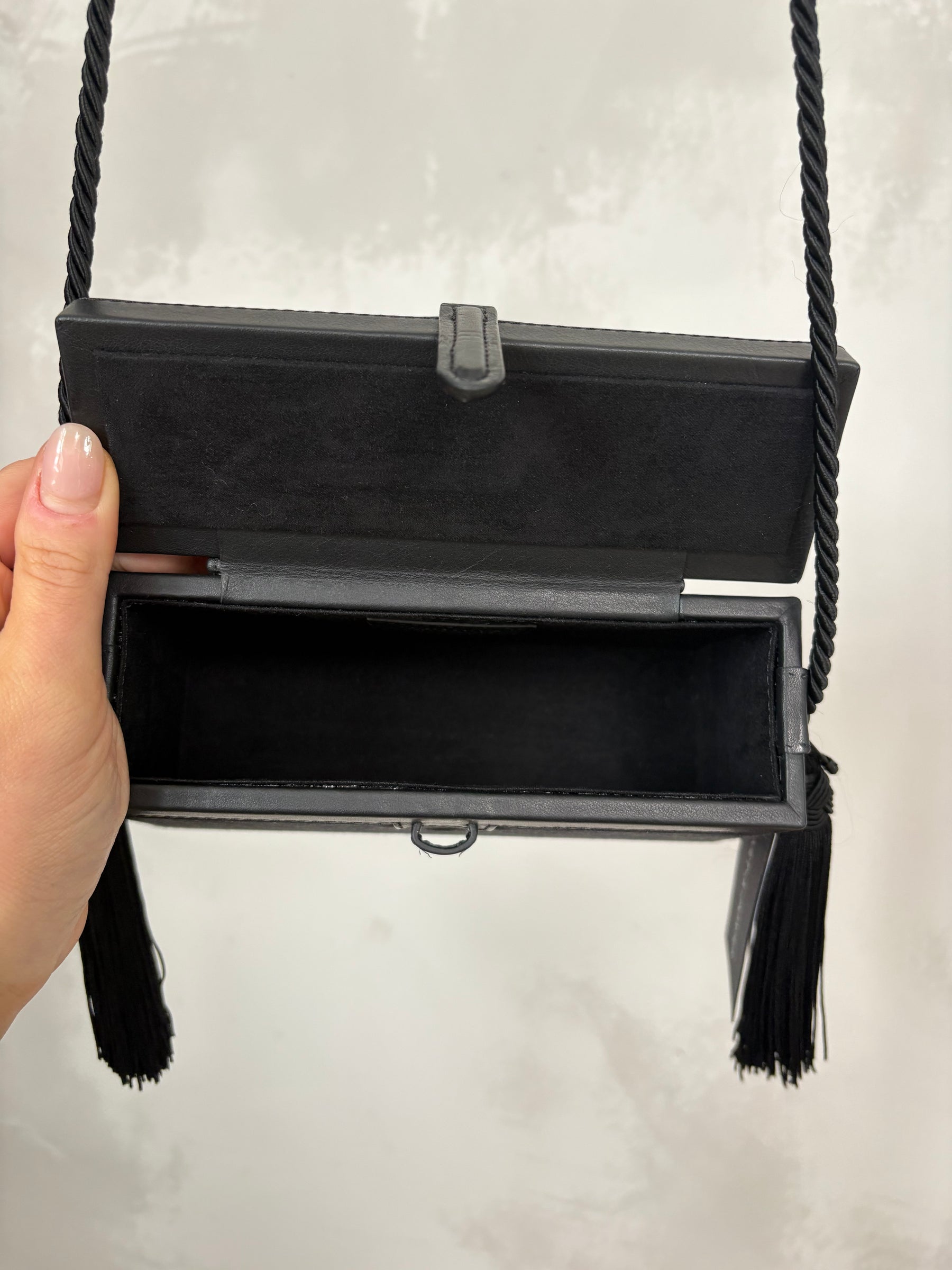 Hunting Season Black Satin and leather Tassel Box Bag