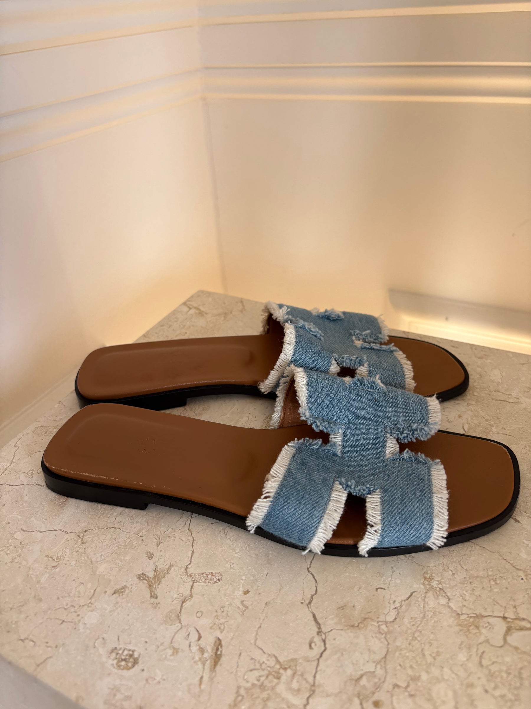 Hermès Blue Frayed Denim Oran Sandals, 38