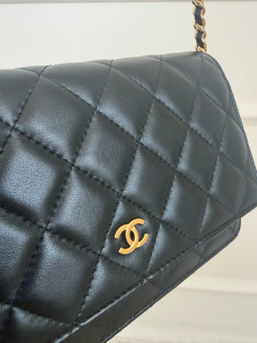 Chanel Black Lambskin Leather Wallet on Chain with Gold Hardware
