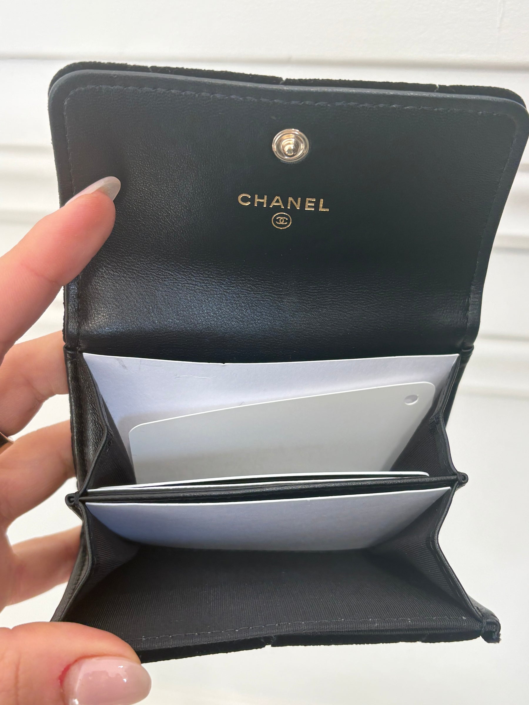 Chanel Black Velvet Logo Mini Flap Wallet