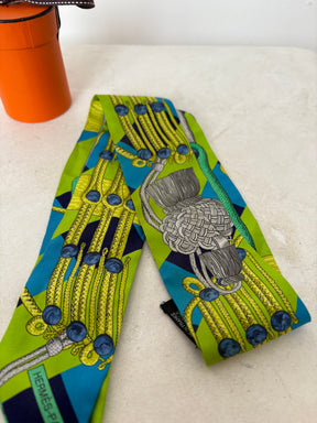 Hermès Green and Lime and Blue Equestrian Printed Twilly