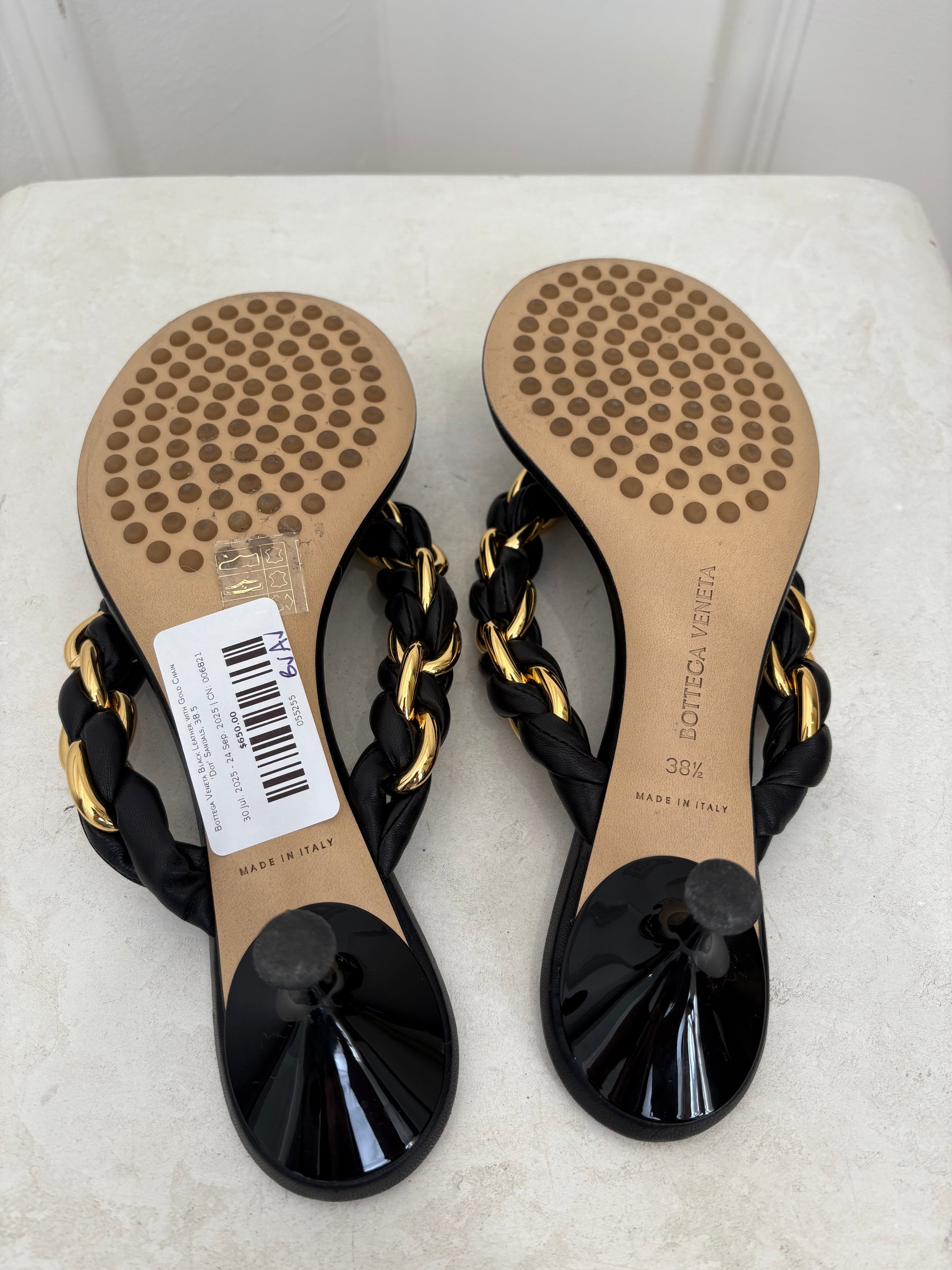 Bottega Veneta Black Leather with Gold Chain 'Dot' Sandals, 38.5