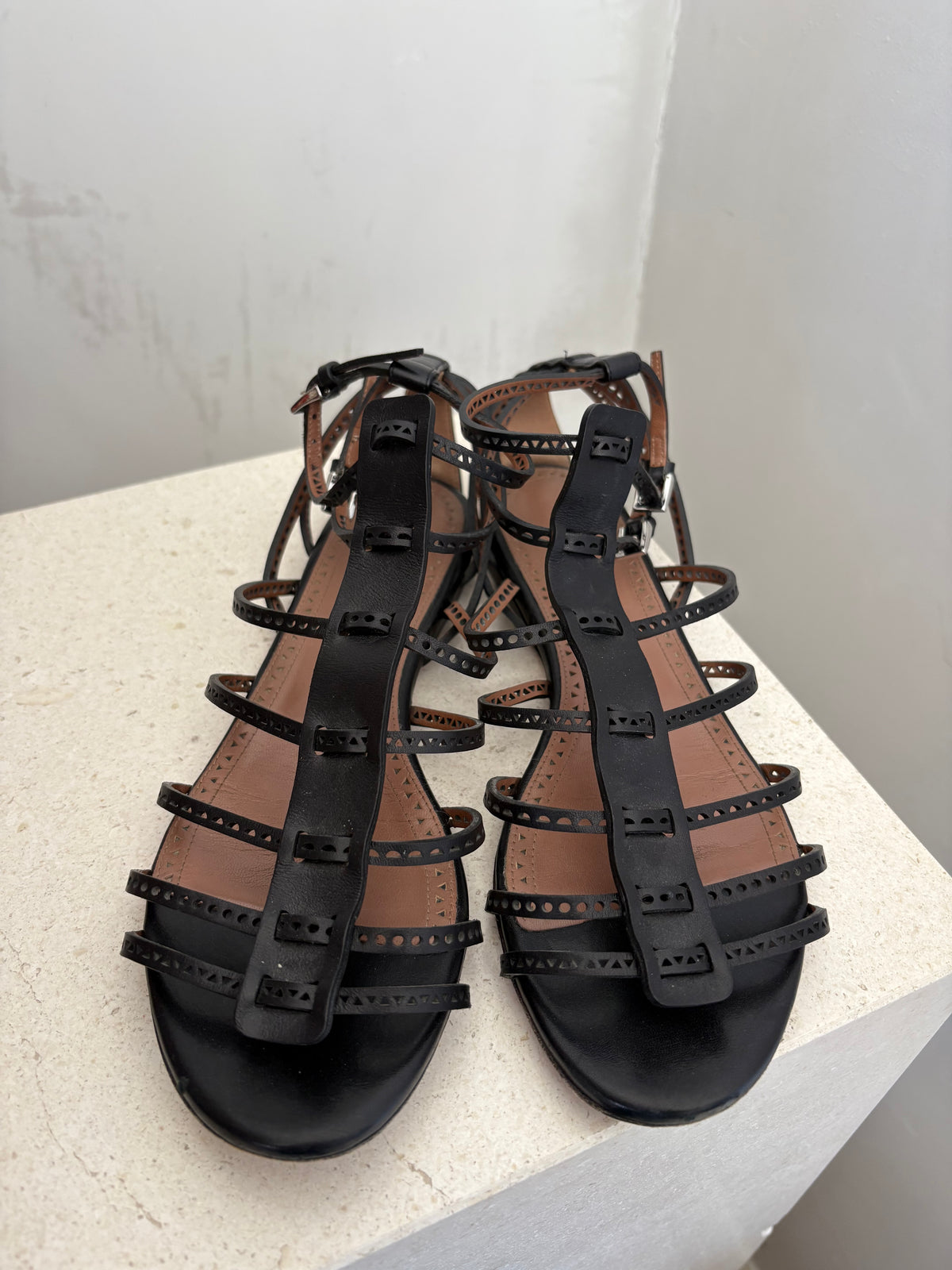 Alaia Black Leather Laser Gladiator Sandal, 38