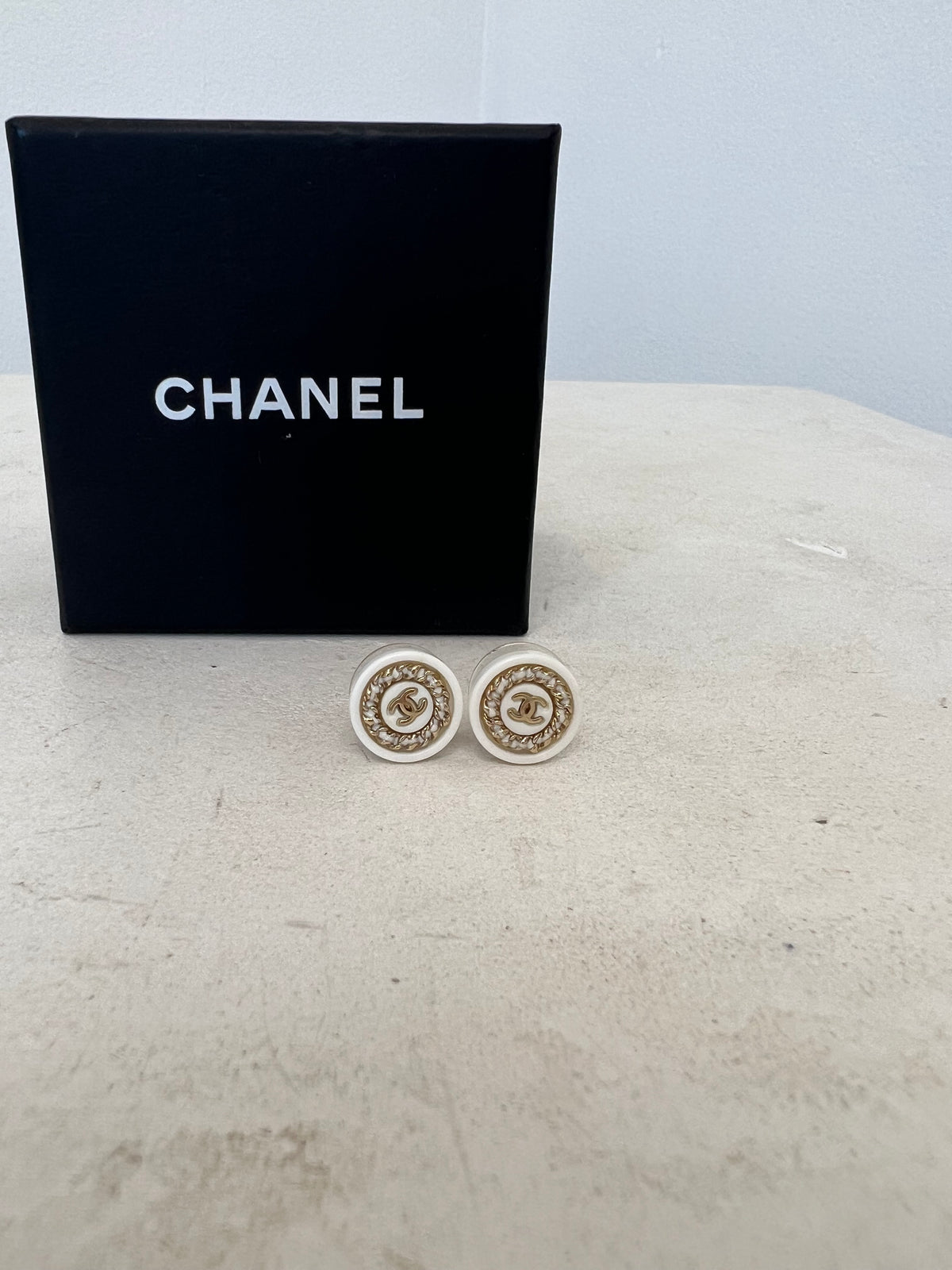 Chanel White And Gold Tone Stud Costume Earrings