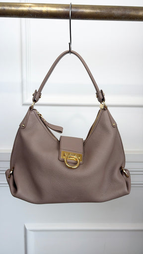 Salvatore Ferragamo Grained Leather Handbag In Taupe With Gold Tone HW