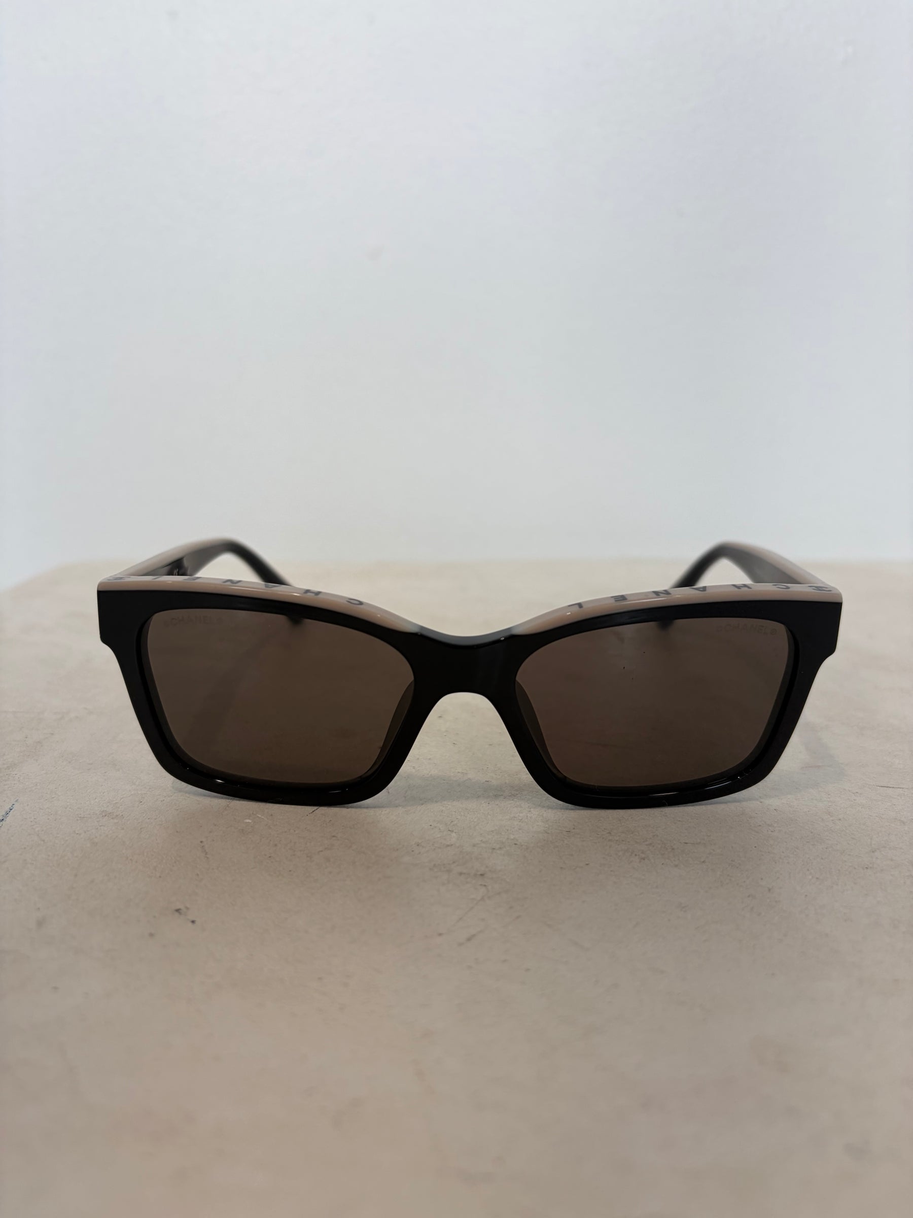 Chanel Black and Beige Logo Top Wayfarer Sunglasses
