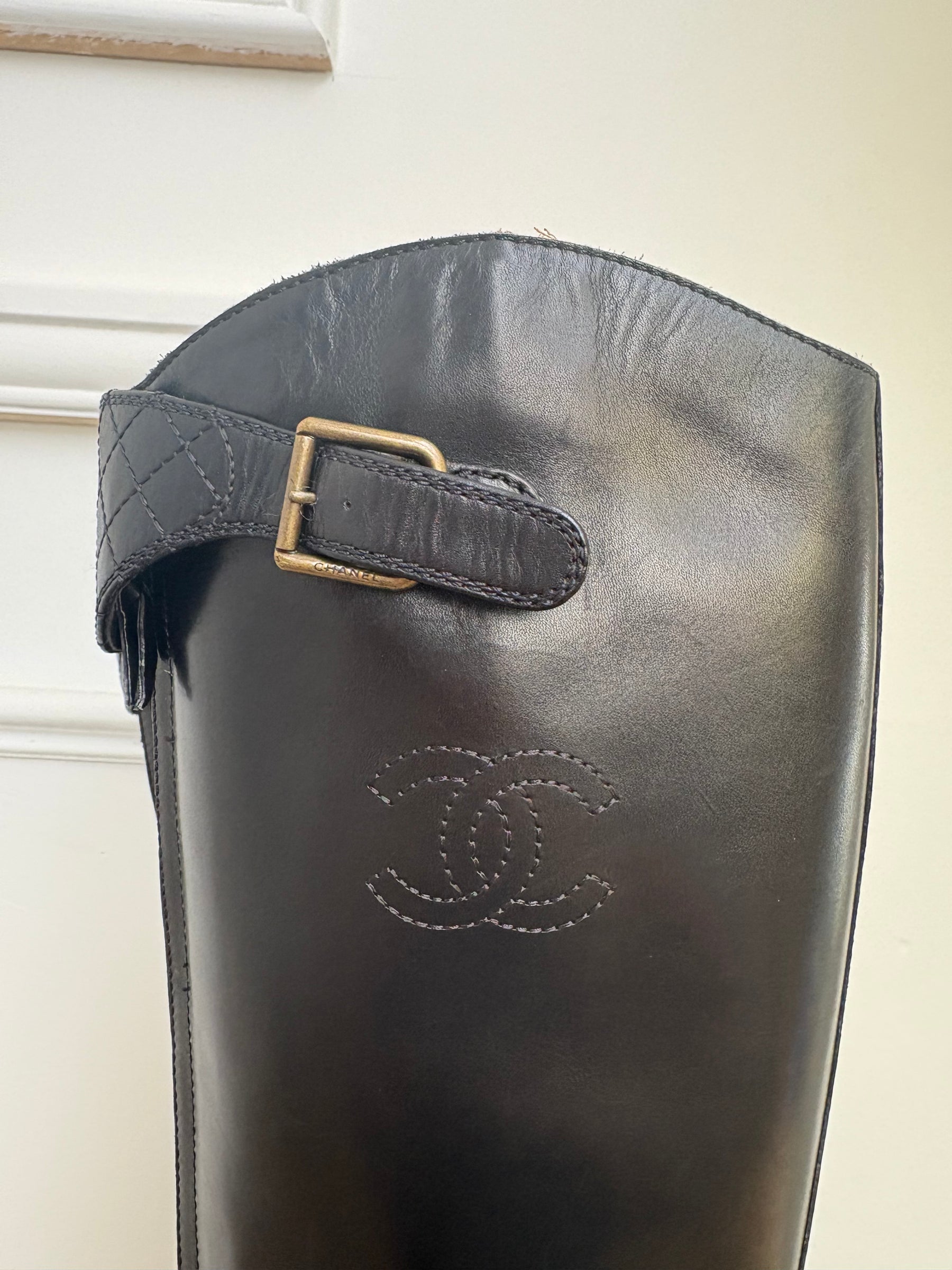 Chanel Black Leather Logo Zipped Front Riding Boots, 39