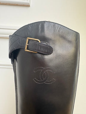 Chanel Black Leather Logo Zipped Front Riding Boots, 39