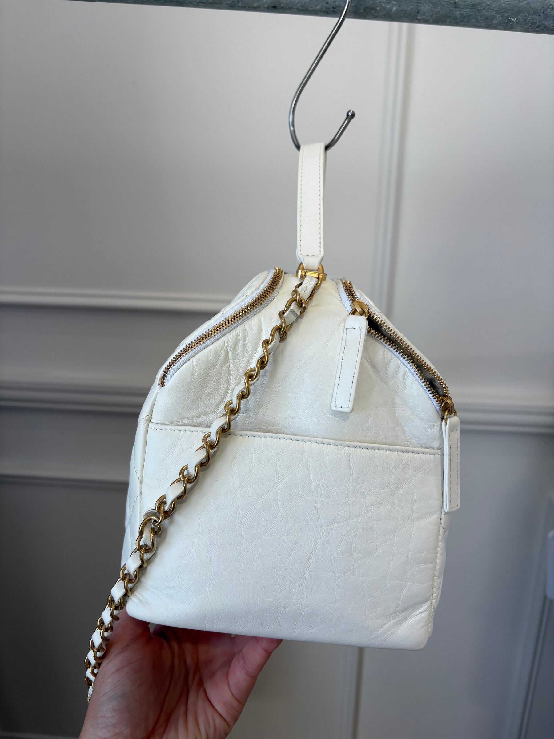 Chanel White Lambskin Leather Retro Spirit Bowling Bag