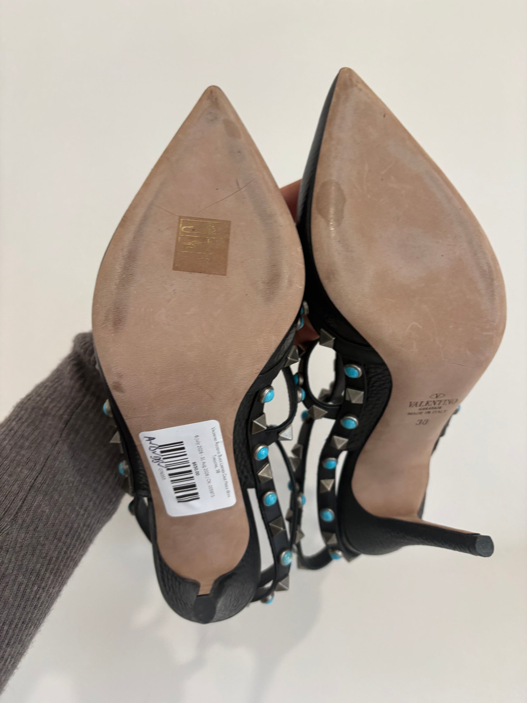 Valentino Rockstud Black Leather Cage Heels With Turquoise, 38