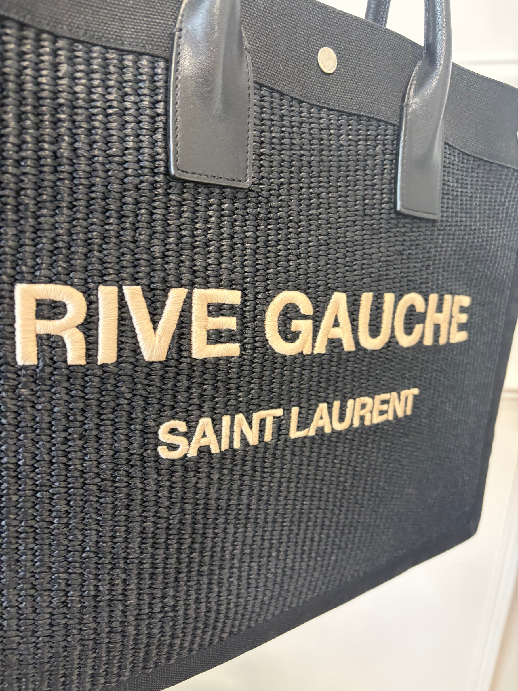 Saint Laurent Black Canvas and Raffia Rive Gauche Tote