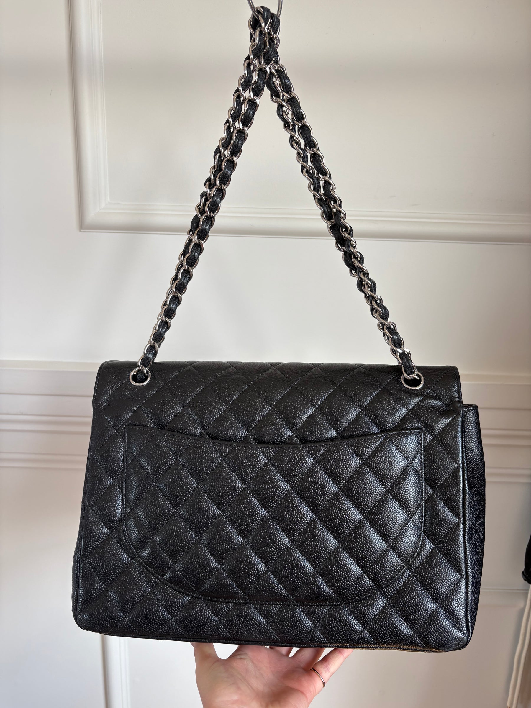 Chanel Caviar Leather Double Flap Maxi Bag Silver Hardware