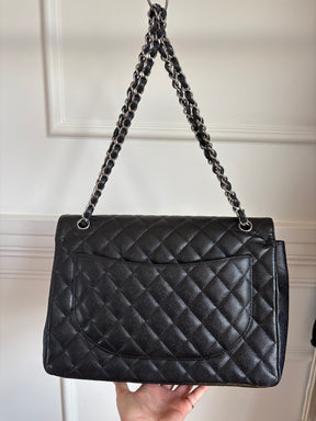 Chanel Caviar Leather Double Flap Maxi Bag Silver Hardware
