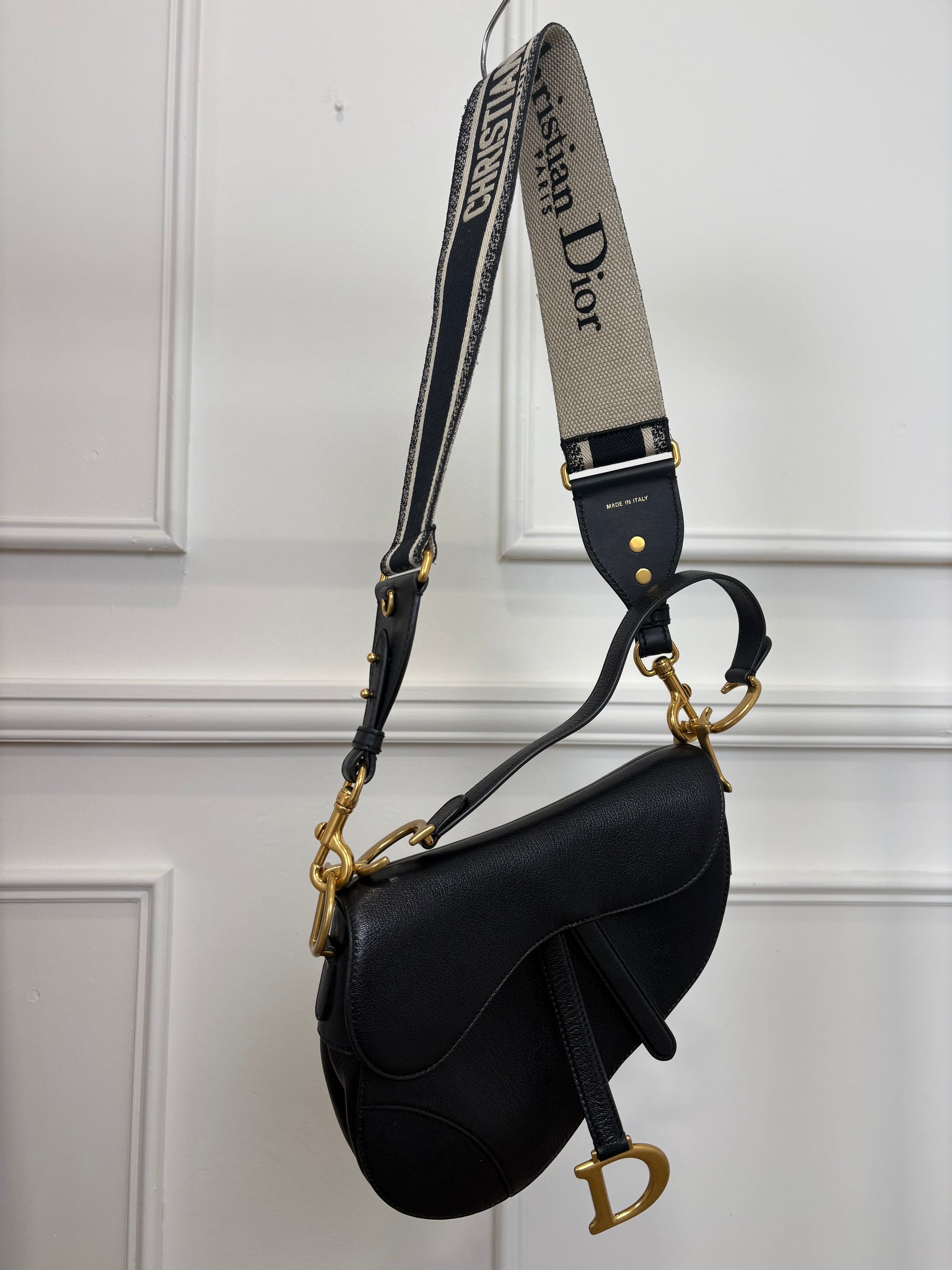 Dior Saddle Bag With Strap Black Grained Leather