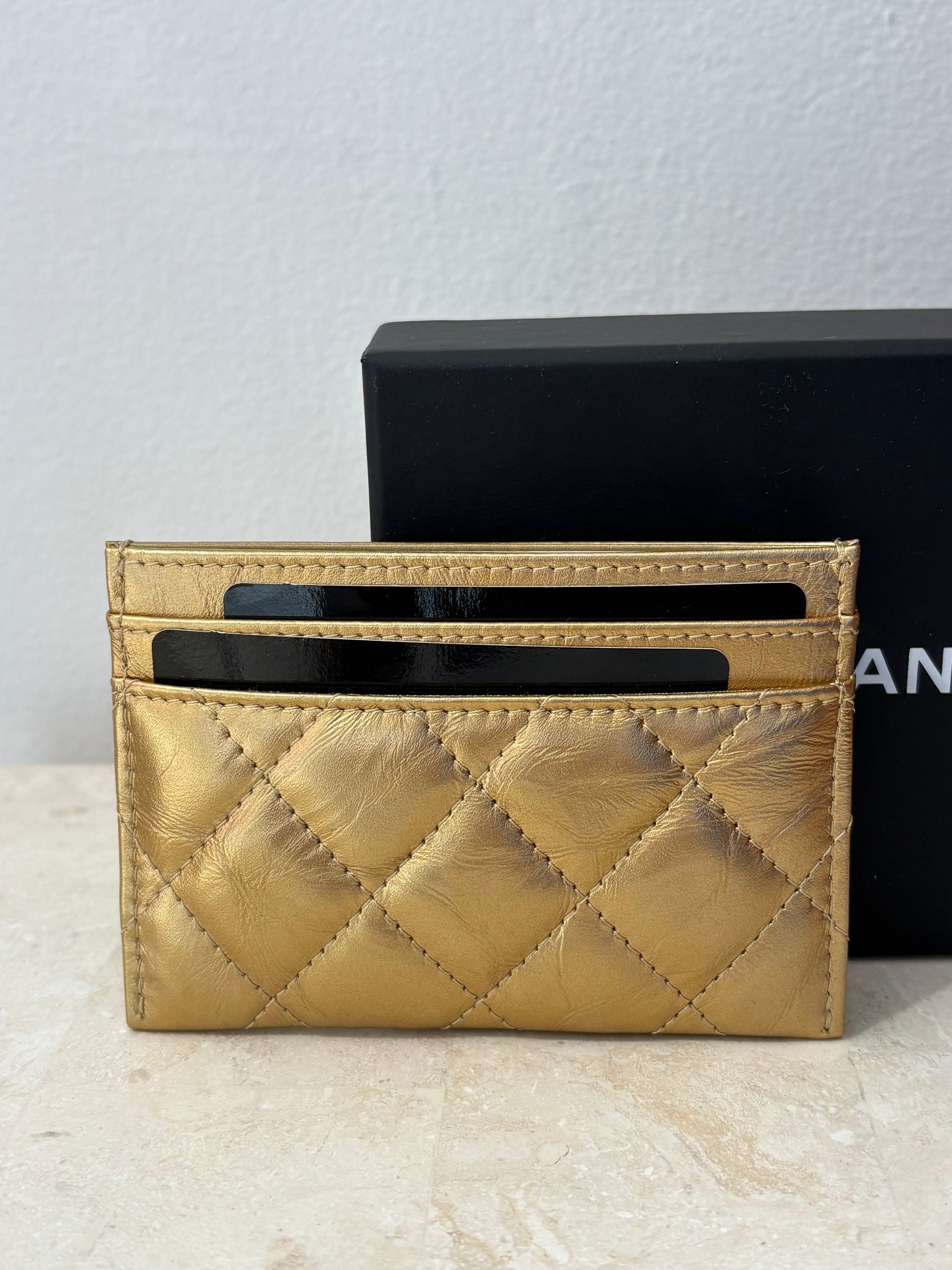 Chanel Gold Leather Quilted Card Holder