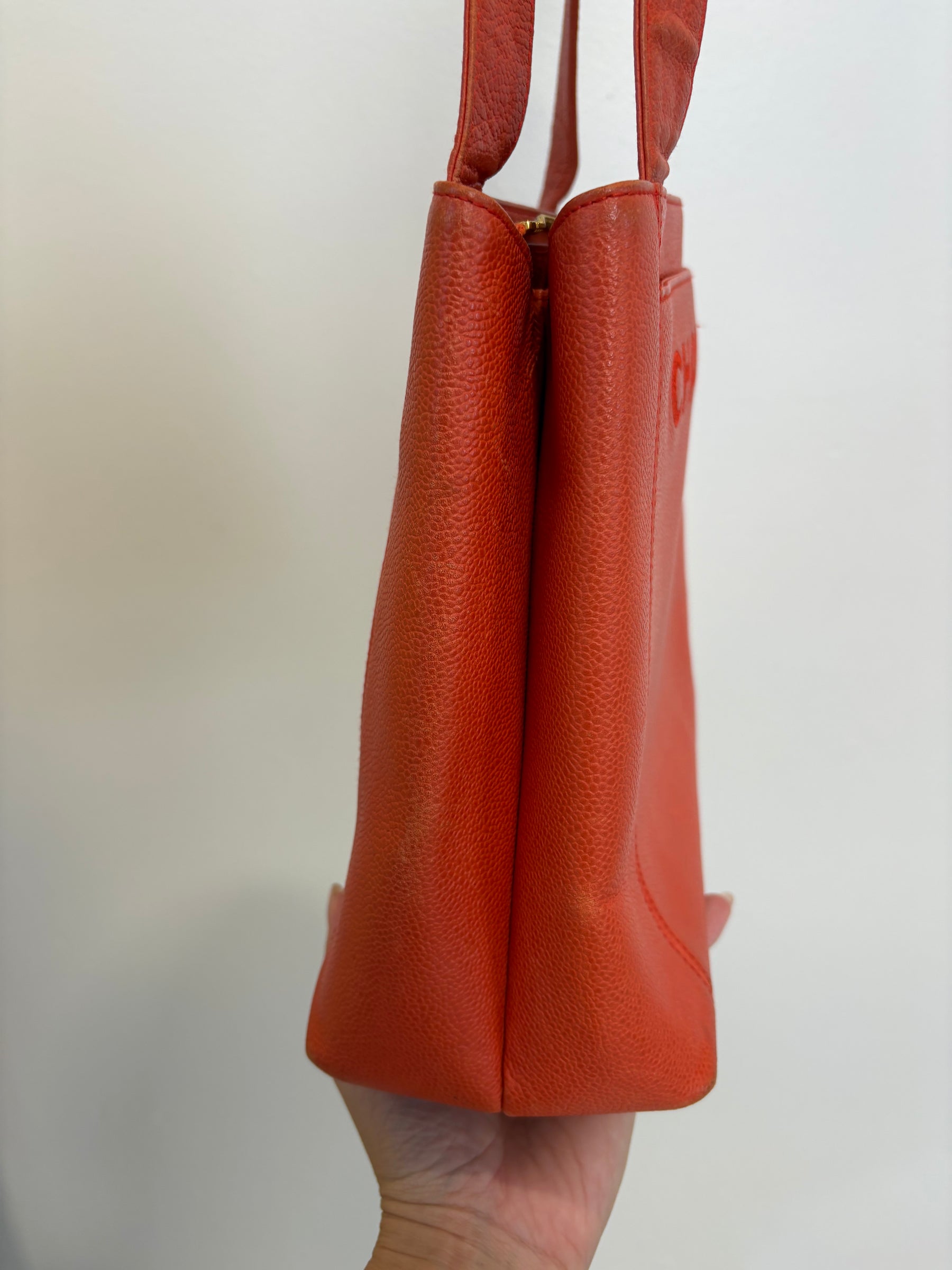 Chanel Orange Caviar Leather Logo Shopper Tote