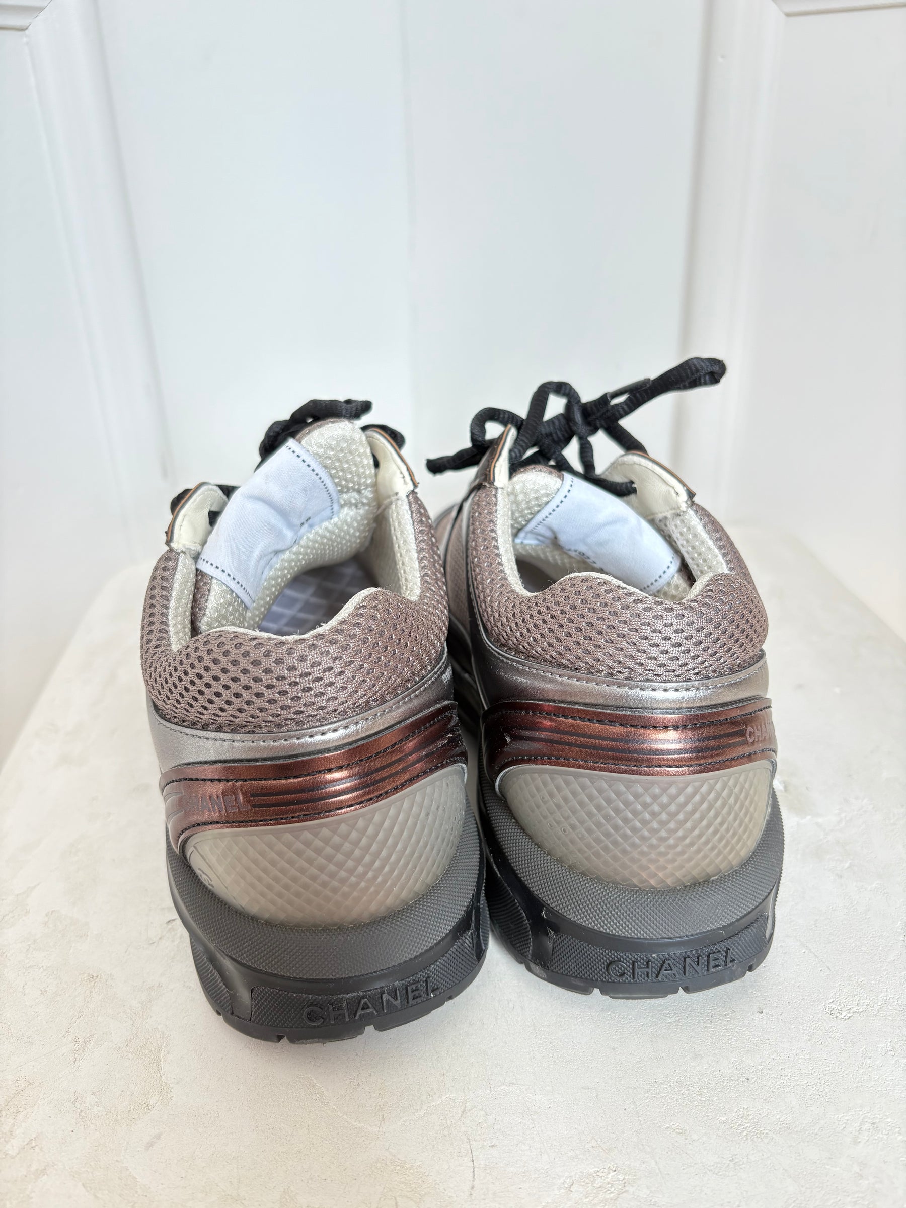 Chanel Silver, Bronze and Grey Metallic Logo Sneakers, 38