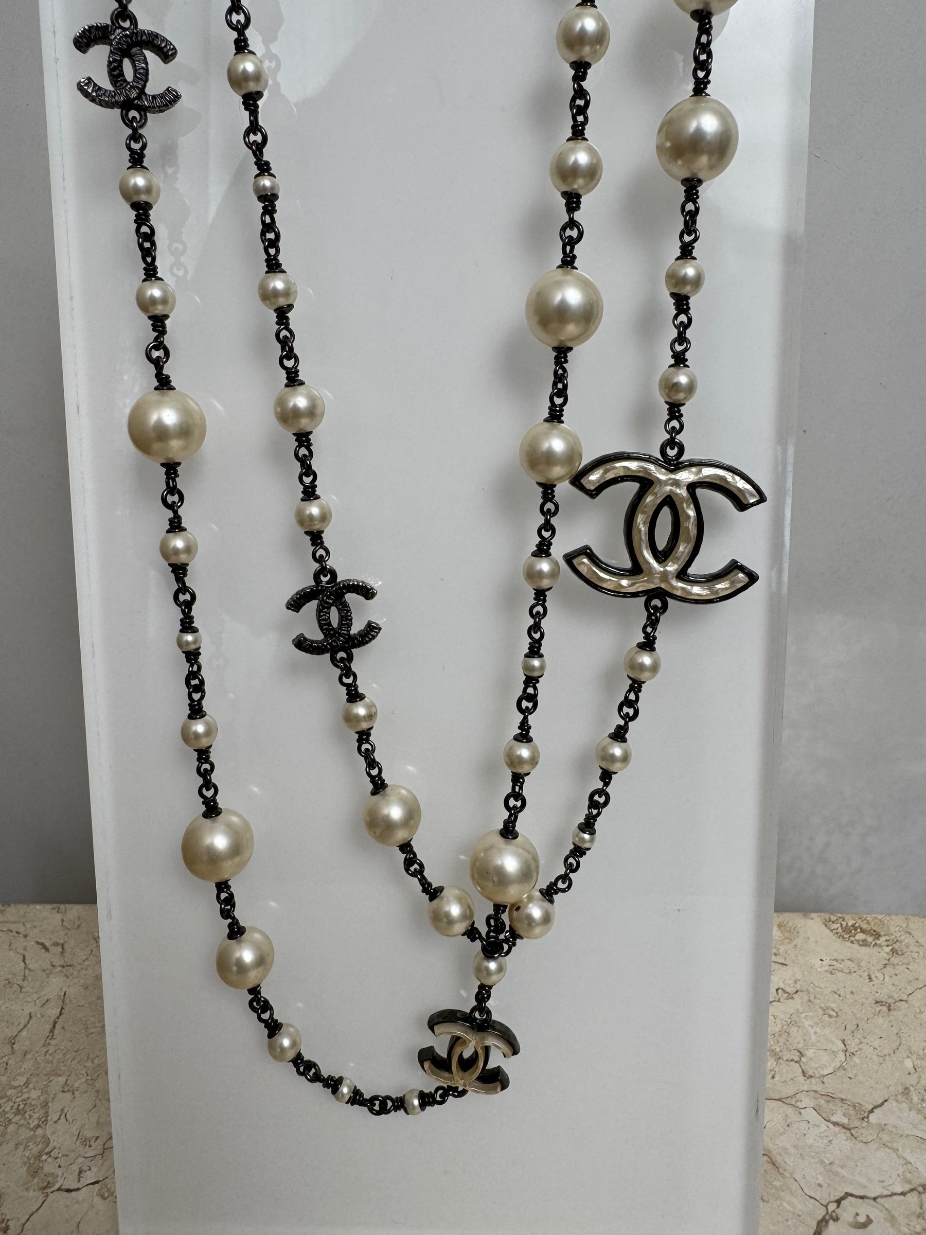 Chanel Pearl and Ruthenium Logo Necklace