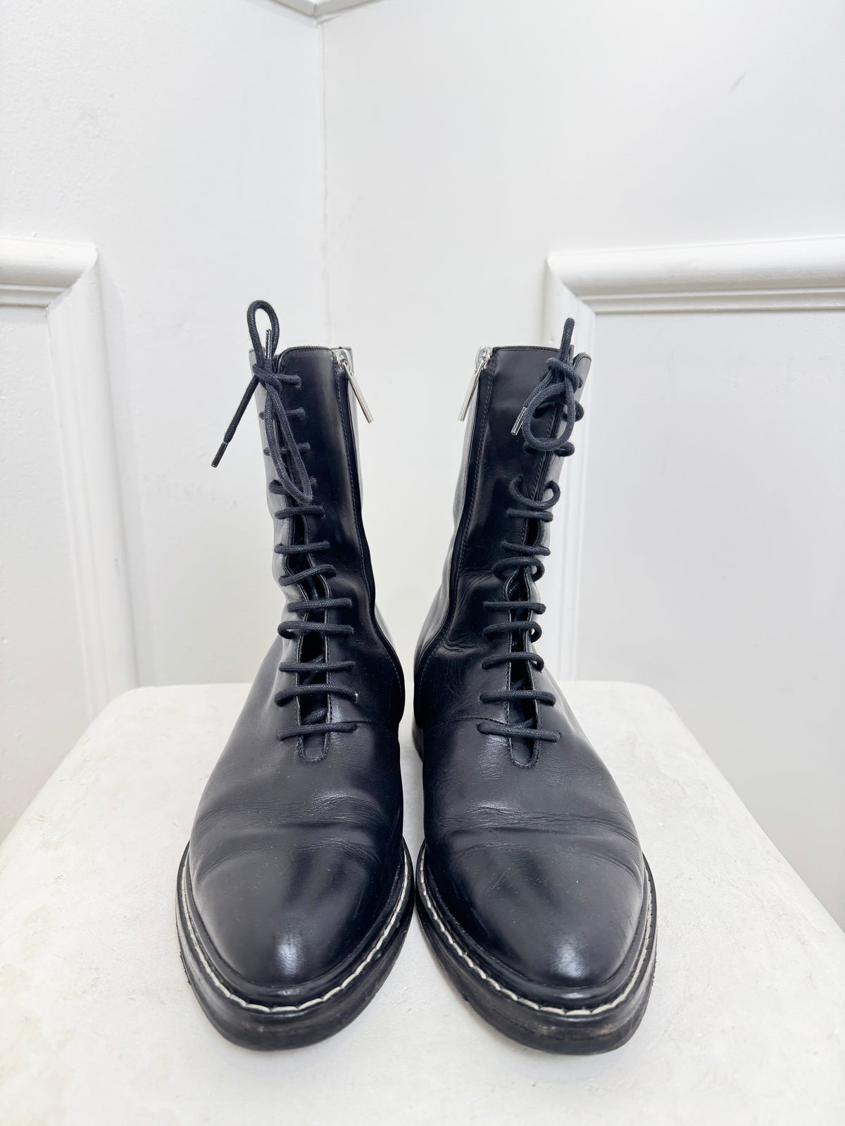 The Row Black Leather Lace Up Boots, 39