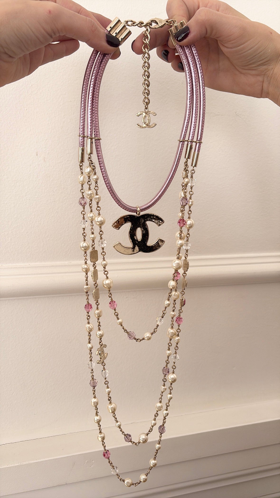 Chanel Pink Leather, Pearl and Crystal Logo Necklace