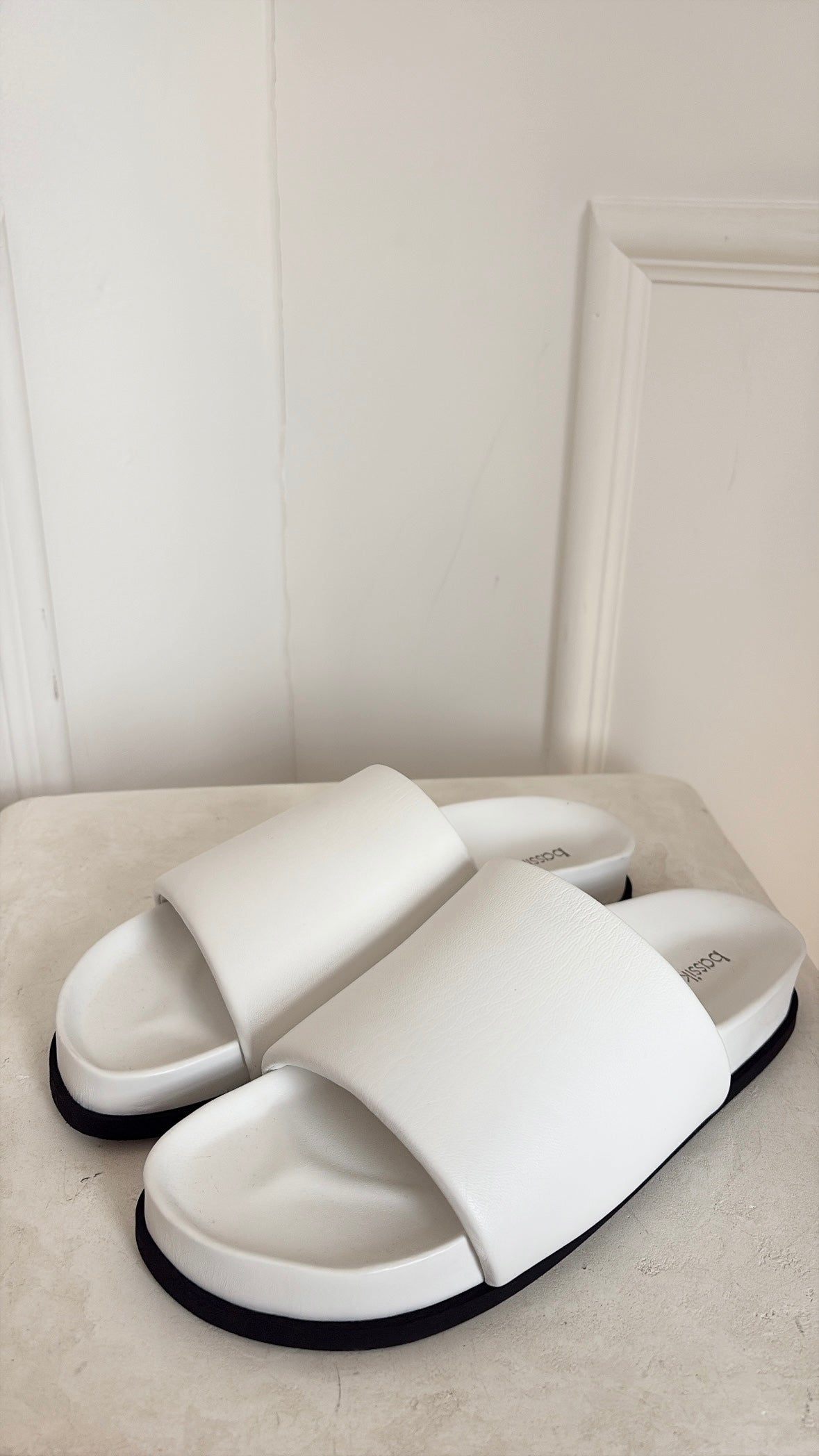 bassike White Leather Padded Slides, 40