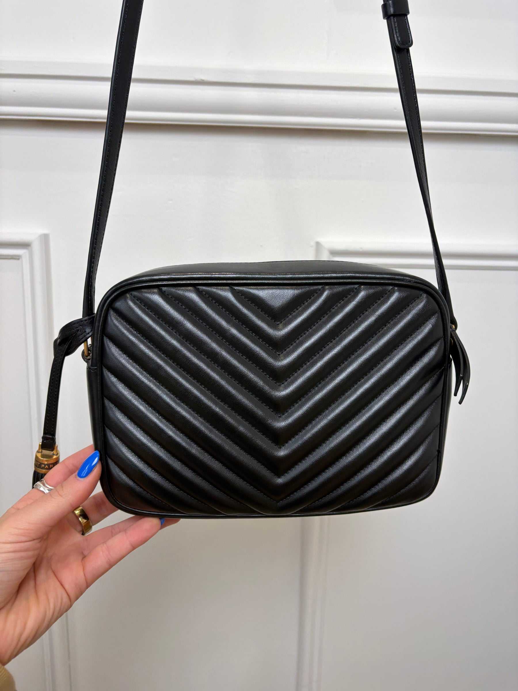 Saint Laurent Black Chevron Quilted Leather Lou Lou Camera Bag