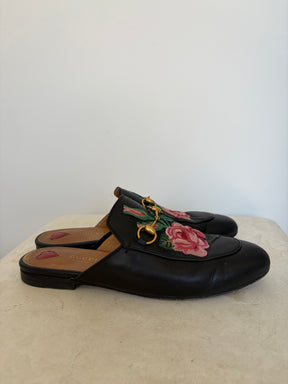 Gucci Embroidered Princetown Mules Black And Pink, 38.5