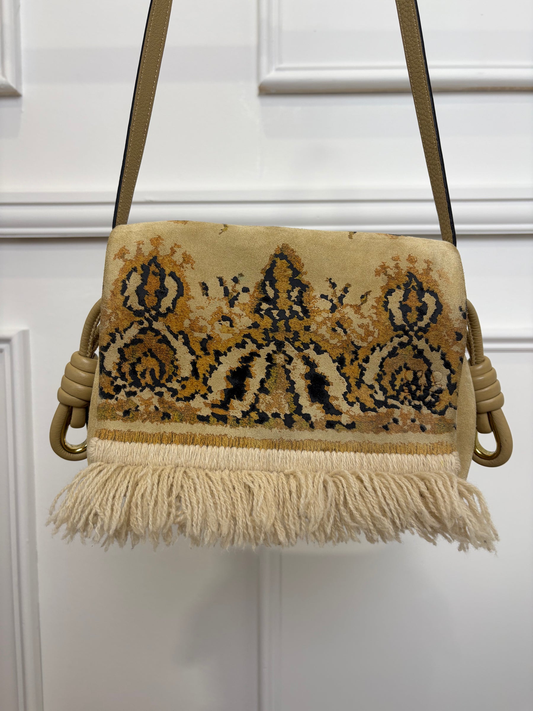 Loewe Tapestry Print Suede Fringed Flamenco Bag