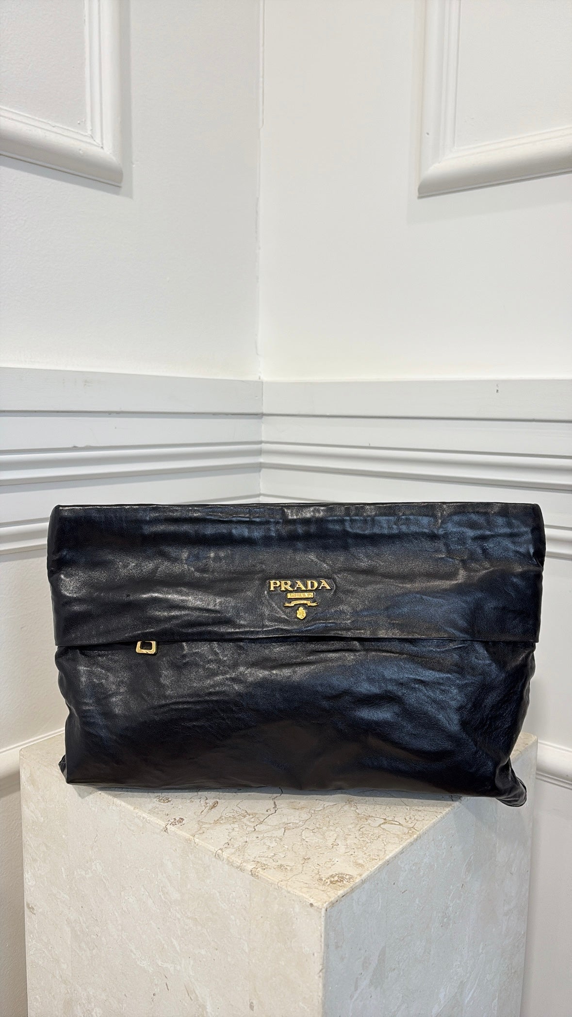 Prada Black Crinkled Nappa Leather Clutch