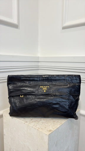 Prada Black Crinkled Nappa Leather Clutch