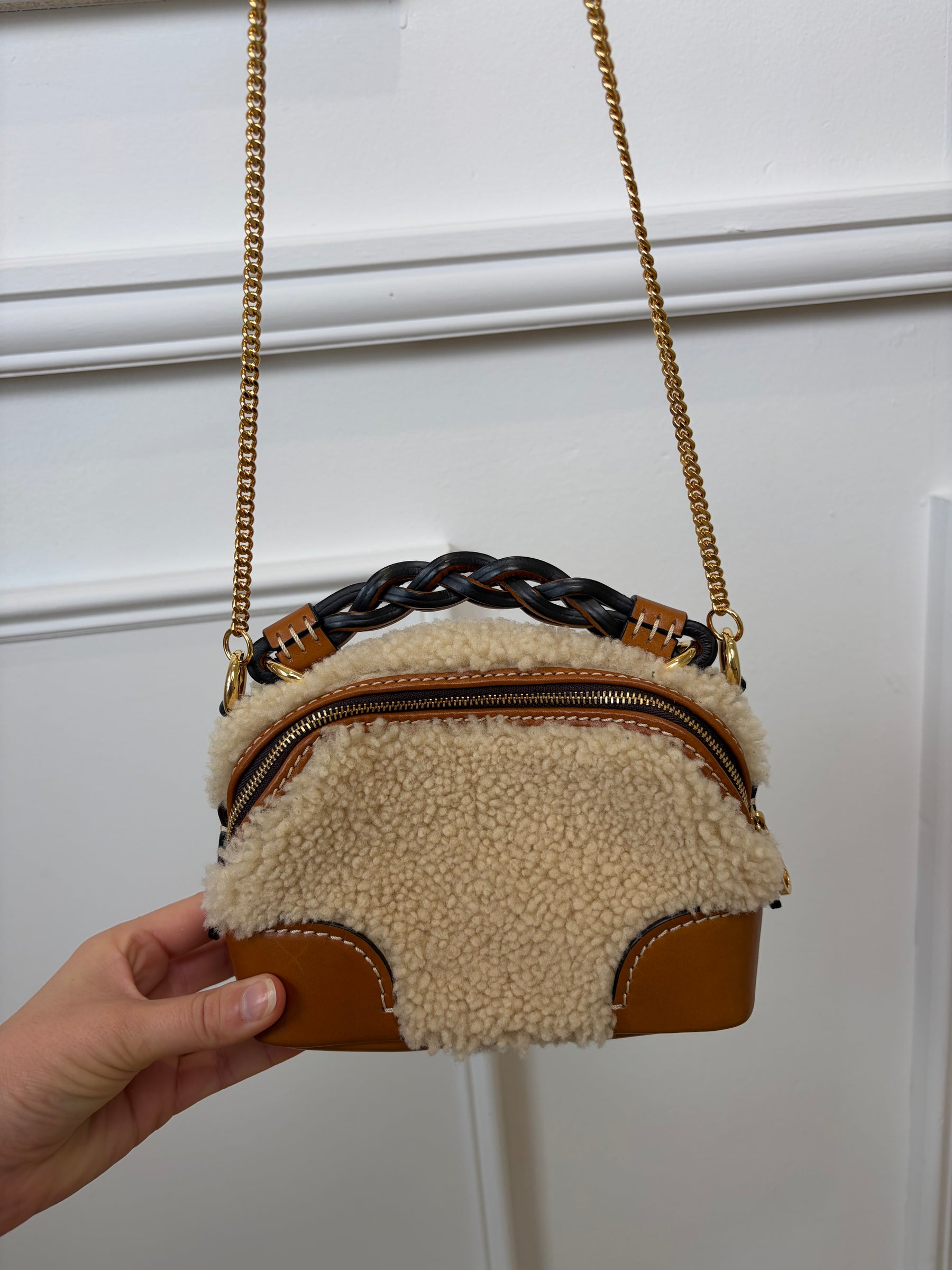 Chloé Tan Leather and Shearing Mini Daria Crossbody Bag