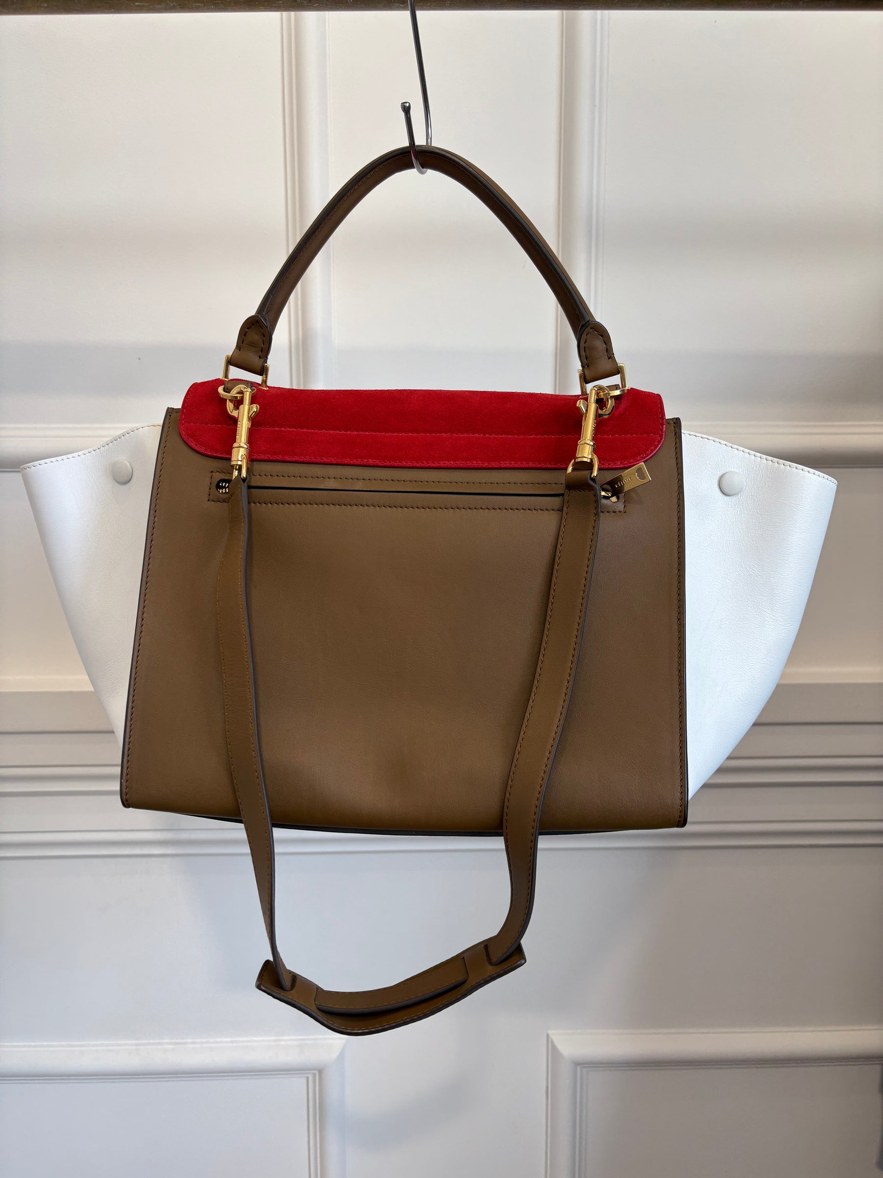 Celine White and Khaki leather with Red Suede Trapeze Bag