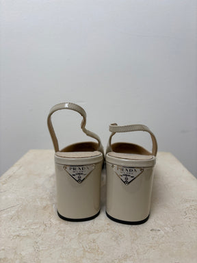 Prada Cream Patent Leather Logo Back Slingback, 36