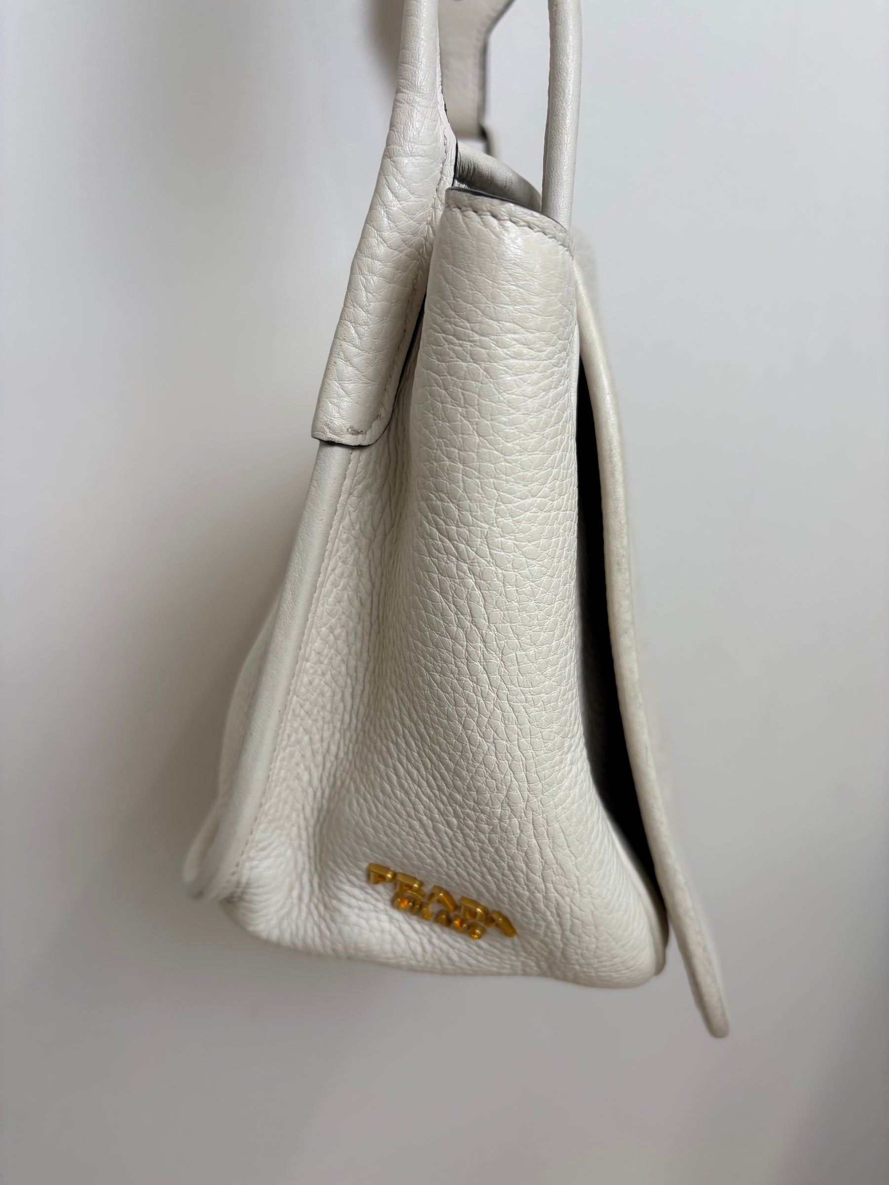 Prada White Grained Leather Crossbody bag with Blue Web Shoulder Strap