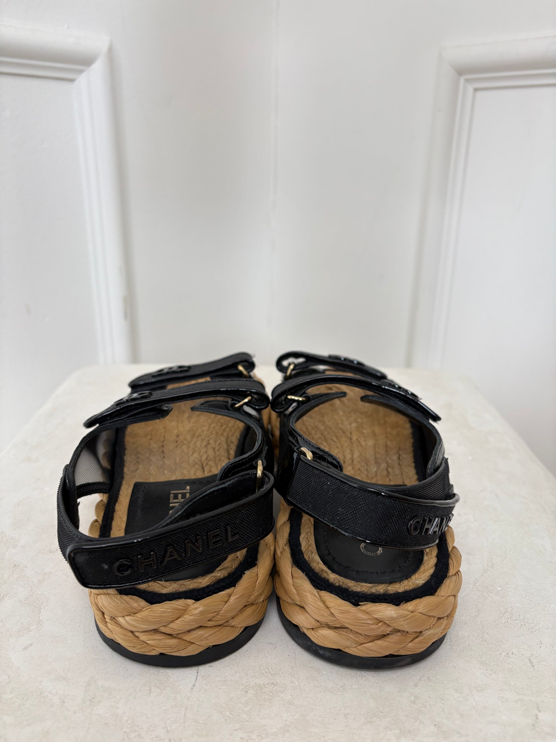 Chanel Black Patent And Raffia Dad Sandals, 39.5