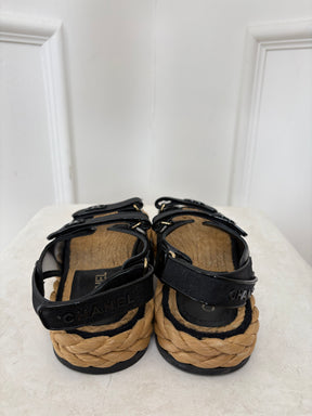 Chanel Black Patent And Raffia Dad Sandals, 39.5