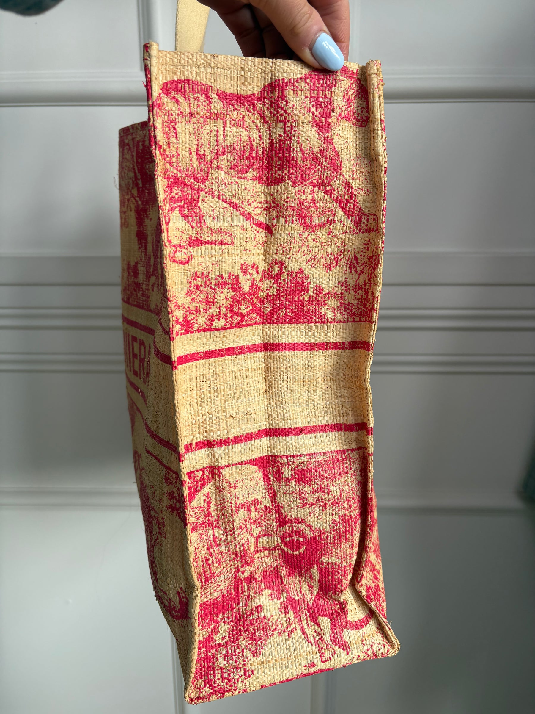 Dior Red Toile De Juoy Raffia Tote and Beach Towel SET