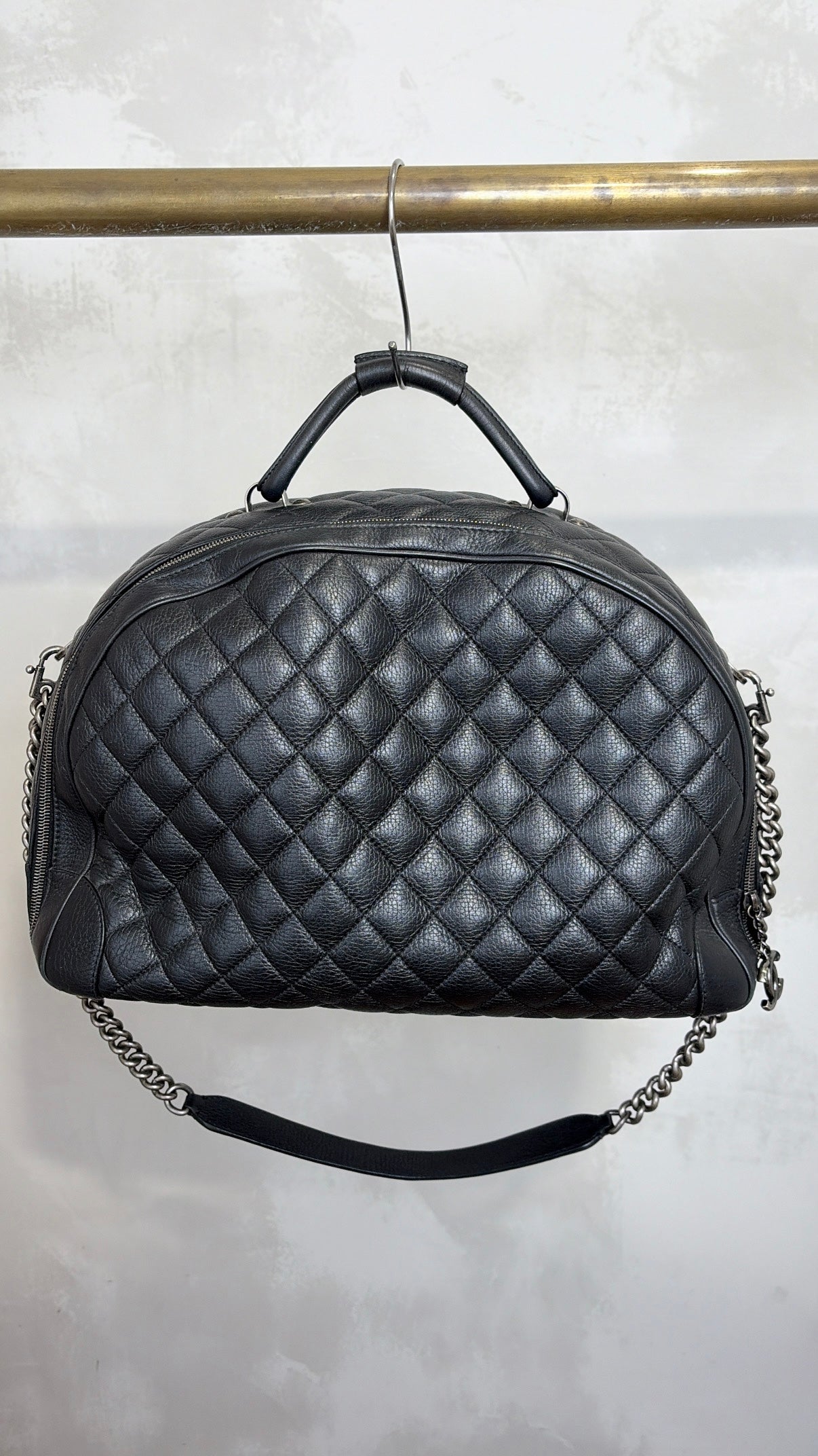 Chanel Black Grained Leather Airlines Round Trip Bowling Bag