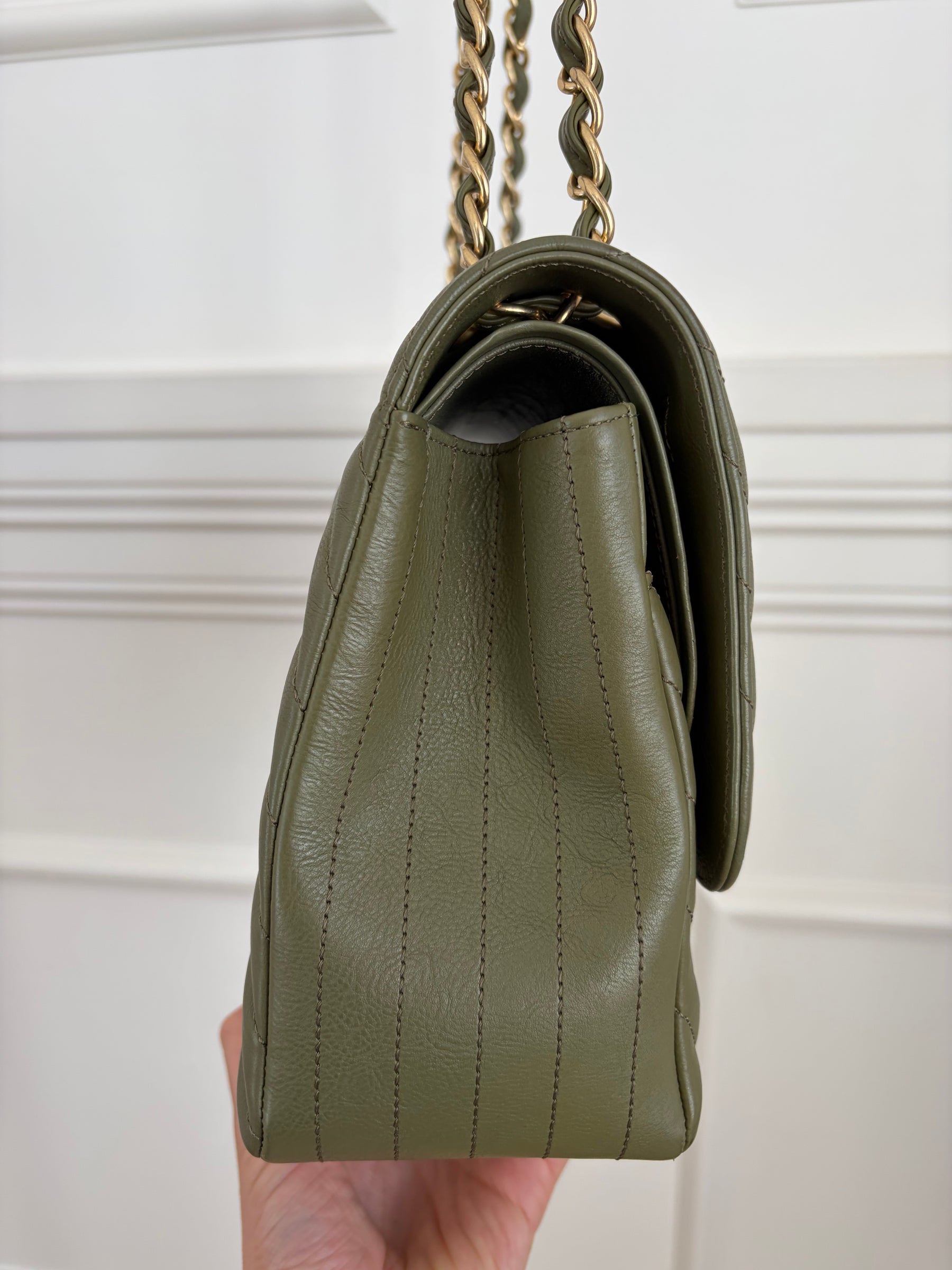Chanel Khaki Chevron Quilted Leather Jumbo Double Flap