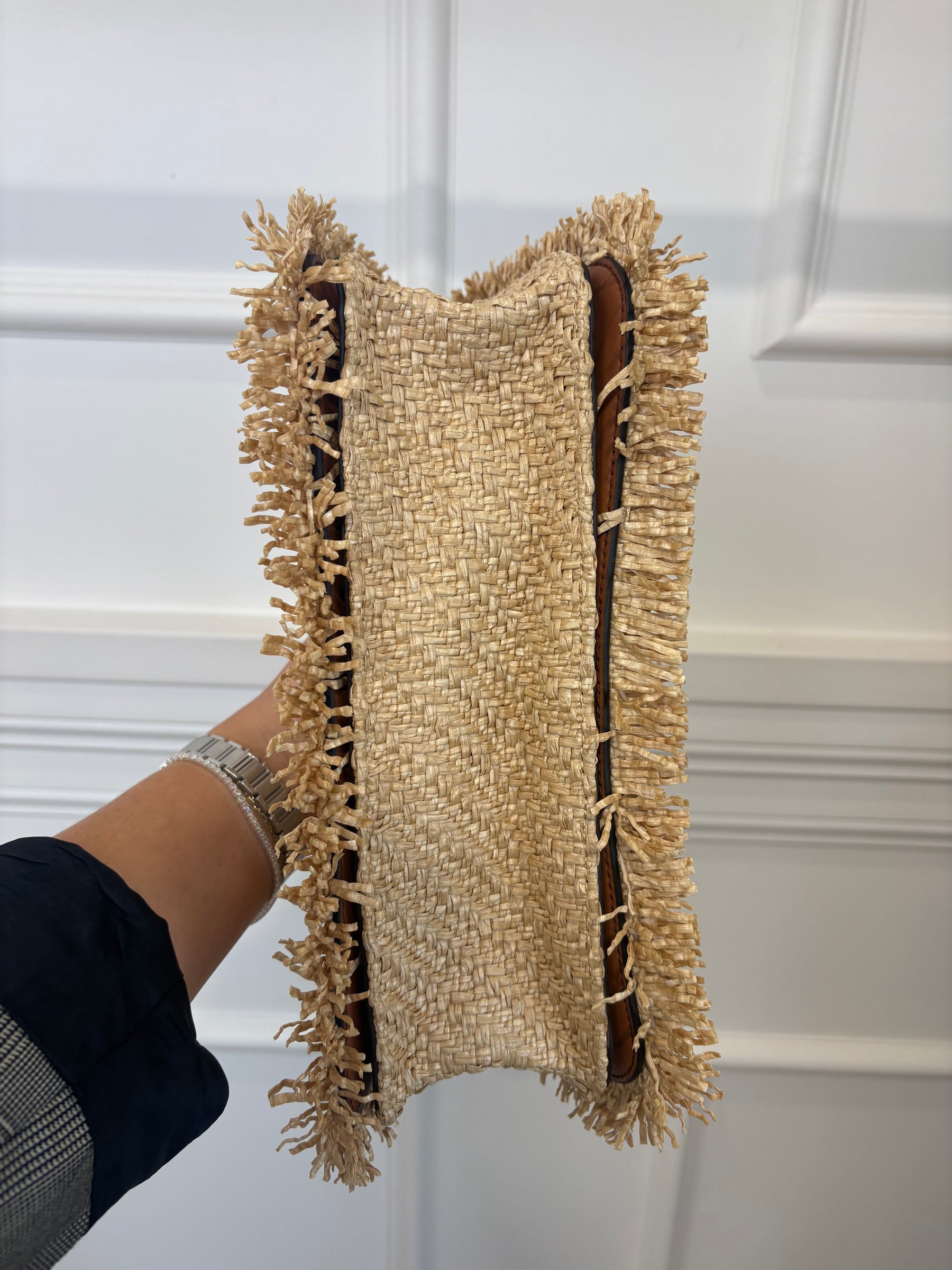 Oroton Raffia and Tan Leather Flap Bag