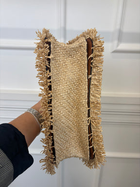 Oroton Raffia and Tan Leather Flap Bag