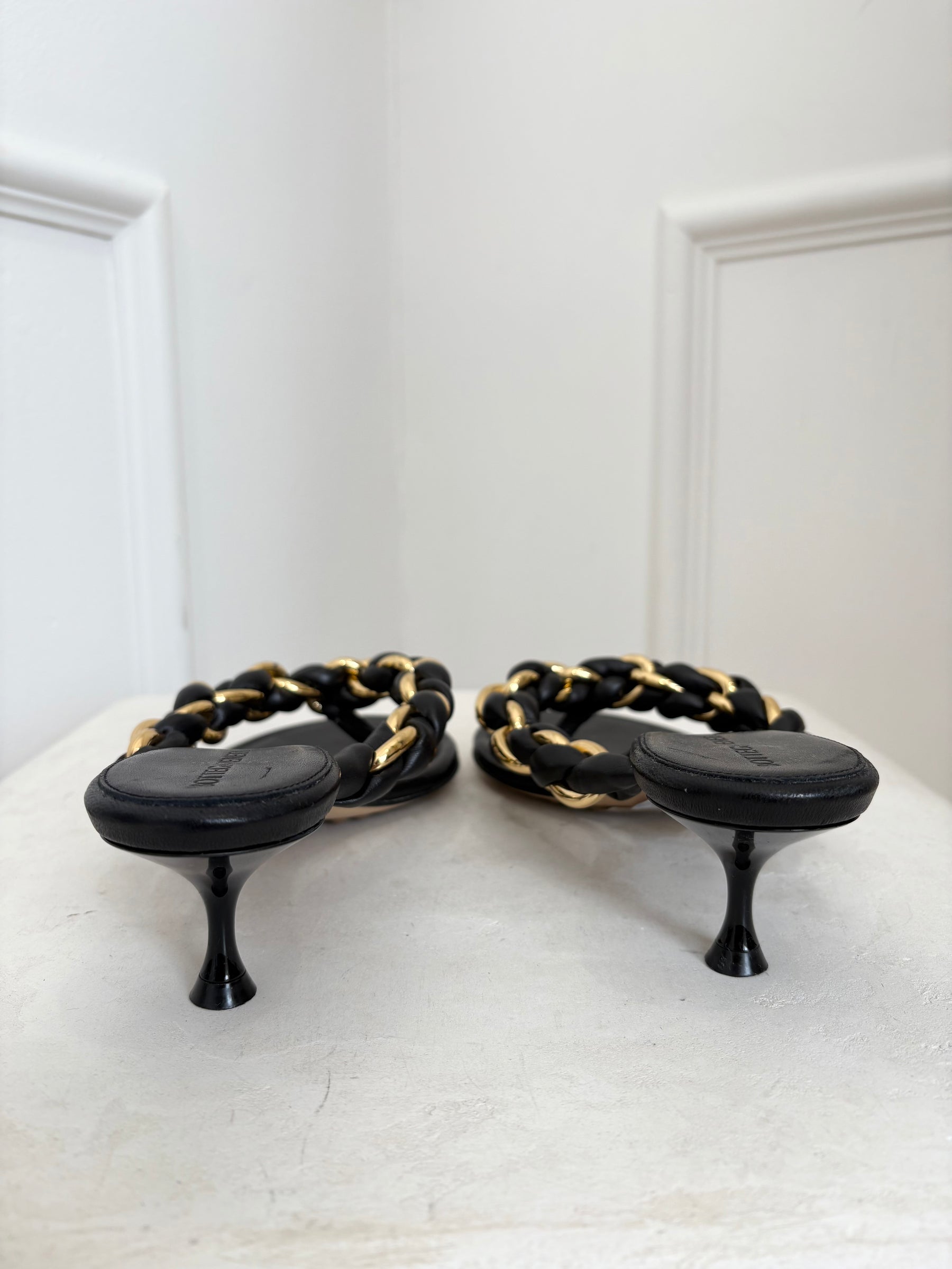 Bottega Veneta Black Leather with Gold Chain 'Dot' Sandals, 38.5