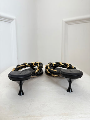 Bottega Veneta Black Leather with Gold Chain 'Dot' Sandals, 38.5