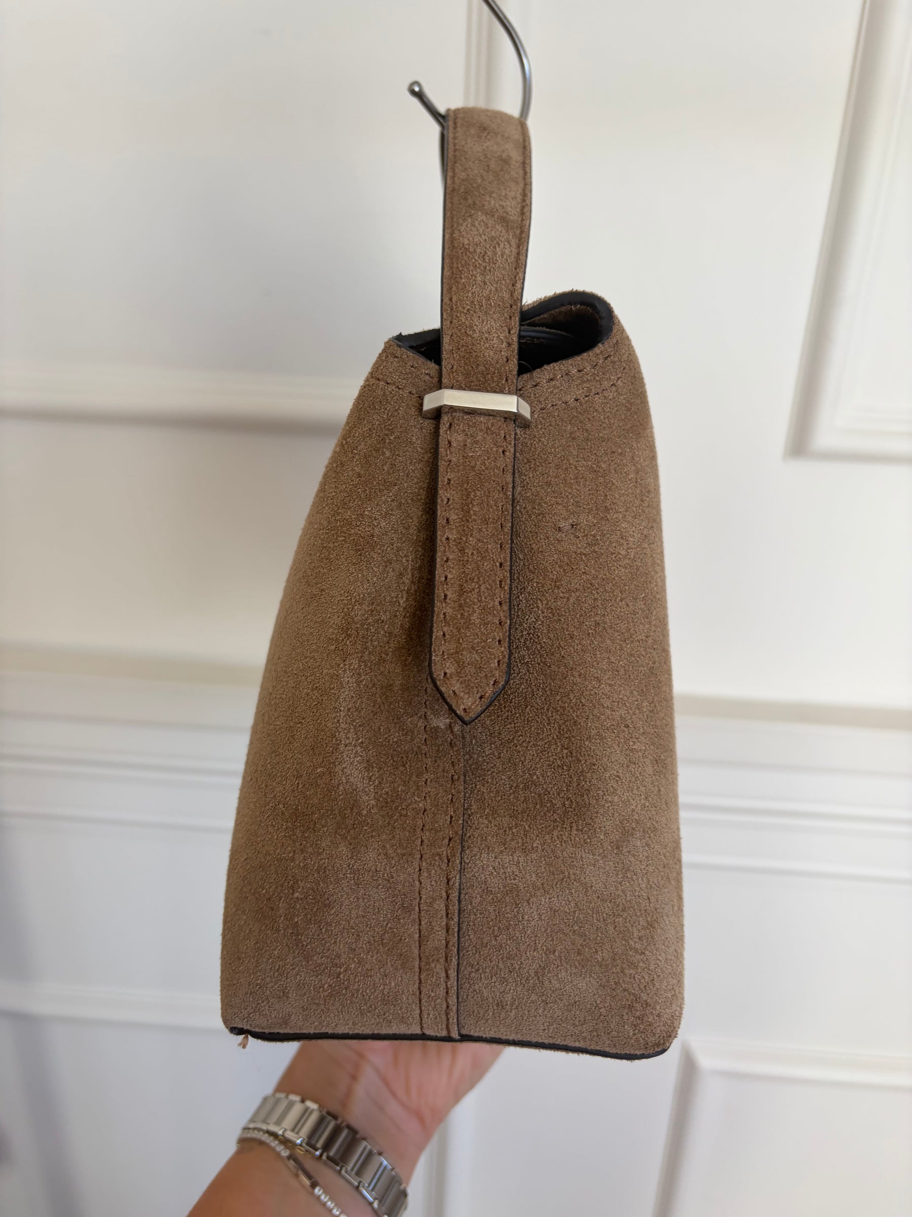 Totême T Lock Suede Top Handle Bag in Tobacco