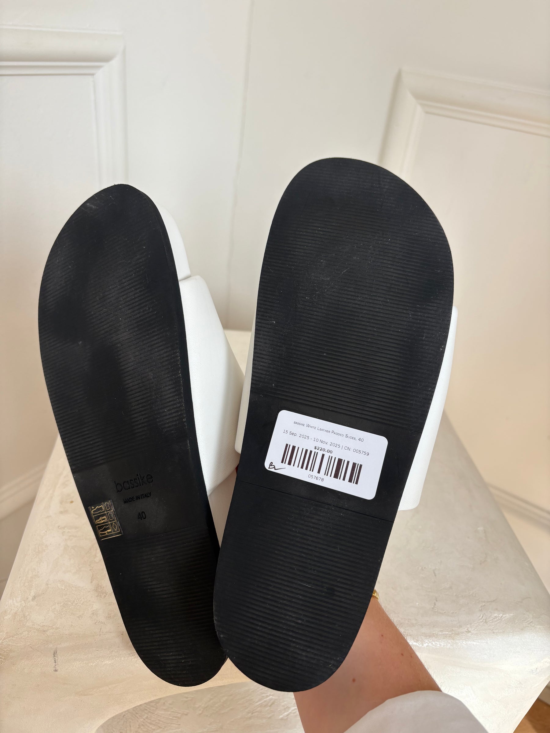 bassike White Leather Padded Slides, 40